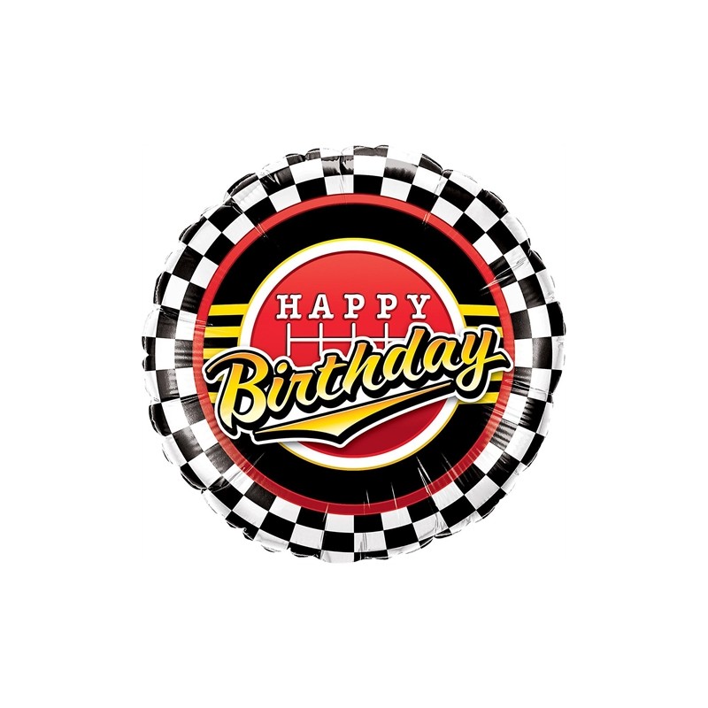 BALLON METALLIQUE ROND QUALATEX HAPPY BIRTHDAY DRAPEAU DAMIER