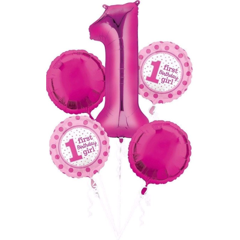 BOUQUET DE 5 BALLONS ROSE  PREMIER ANNIVERSAIRE BOUQUET DE 5 BALLONS ROSE  PREMIER ANNIVERSAIRE