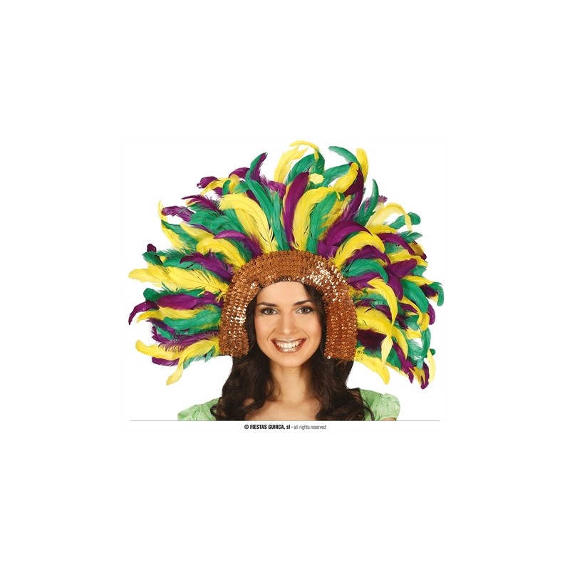 COIFFE BRESILIENNE A PLUMES CARNAVAL VERT VIOLET JAUNE