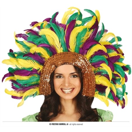 COIFFE BRESILIENNE A PLUMES CARNAVAL VERT VIOLET JAUNE