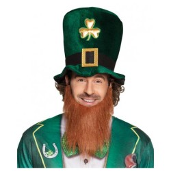 CHAPEAU TISSU SOUPLE VERT FONCE SAINT PATRICK AVEC BARBE ROUSSE