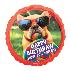 BALLON METALLIQUE ROND CHIEN A LUNETTES HAPPY BIRTHDAY 71 CM