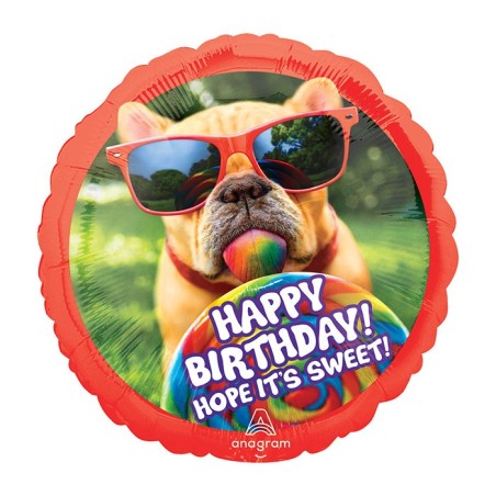 BALLON METALLIQUE ROND CHIEN A LUNETTES HAPPY BIRTHDAY 71 CM