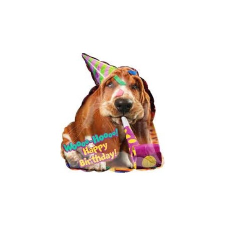 BALLON METALLIQUE CHIEN AVEC CHAPEAU DE FETE HAPPY BIRTHDAY 55 X 63 CM
