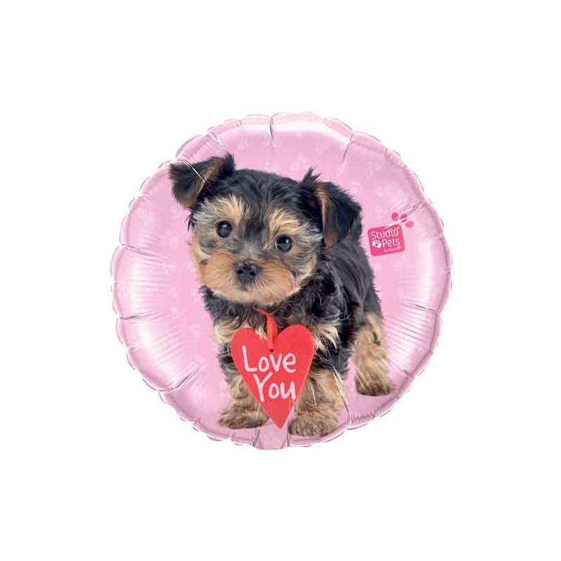 BALLON METALLIQUE ROND PETIT CHIEN TERRIER LOVE YOU STUDIO PET 46 CM