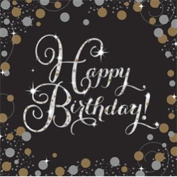 16 SERVIETTES HAPPY BIRTHDAY 33 X 33 CM NOIR ARGENT ET OR