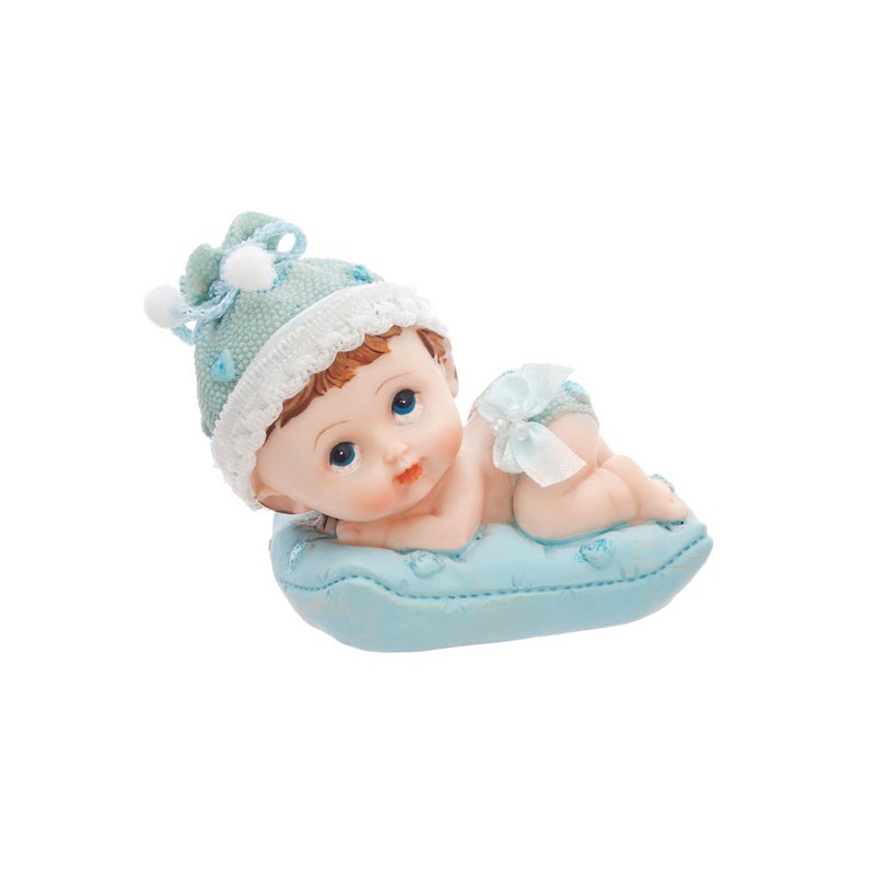 FIGURINE BEBE BLEU COUCHE SUR COUSSIN NOEUD SATIN 10 X 7 CM