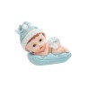 FIGURINE BEBE BLEU COUCHE SUR COUSSIN NOEUD SATIN 10 X 7 CM