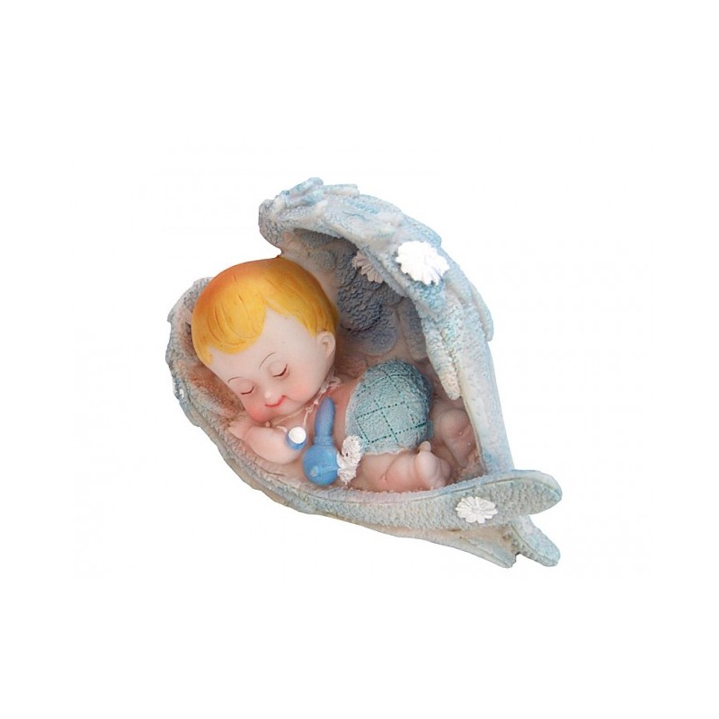 FIGURINE BAPTEME BEBE DANS AILES D'ANGE BLEU