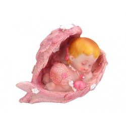 FIGURINE BAPTEME BEBE DANS AILES D'ANGE ROSE