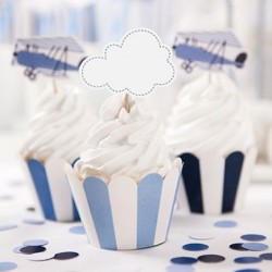 6 DECORATIONS PAPIER POUR CUPCAKE BLEU RAYE BLANC