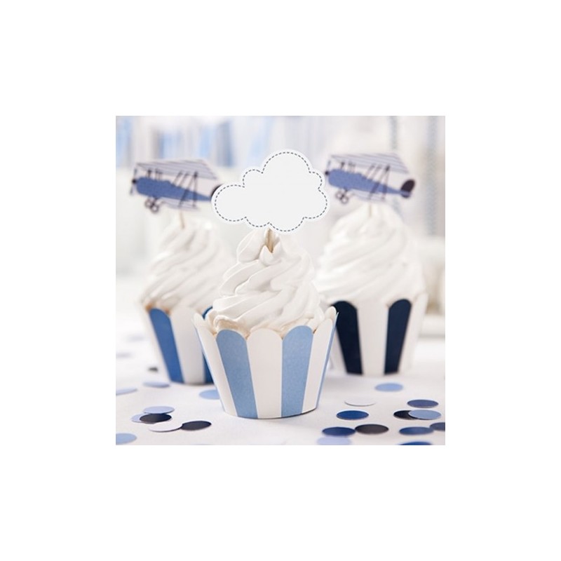 6 DECORATIONS PAPIER POUR CUPCAKE BLEU RAYE BLANC