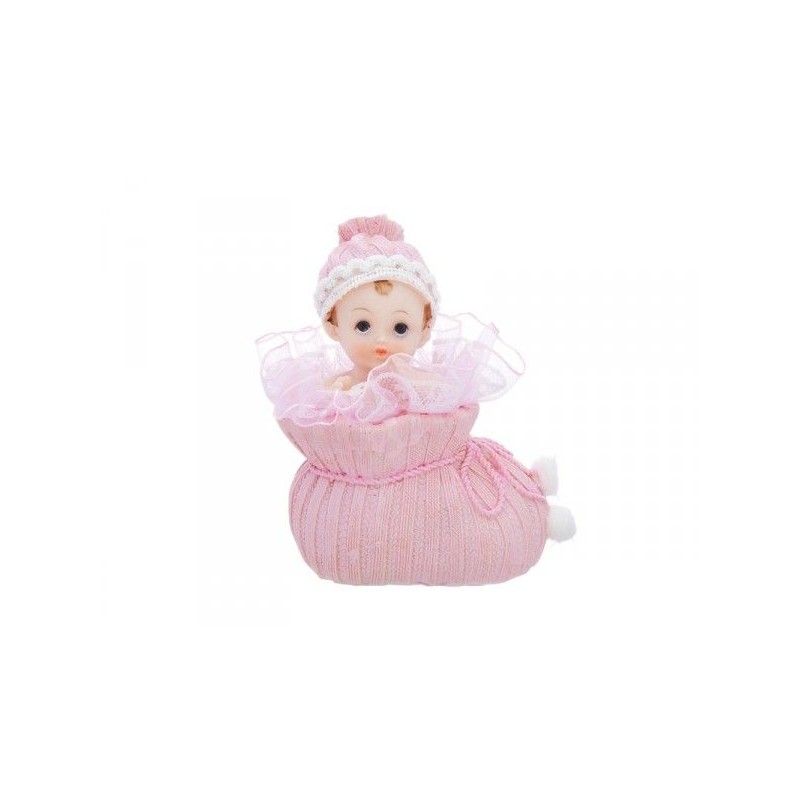 FIGURINE BAPTEME BEBE ROSE DANS CHAUSSON