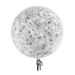 BALLON AQUA TRANSPARENT CONFETTIS BRILLANTS ARGENT 18"