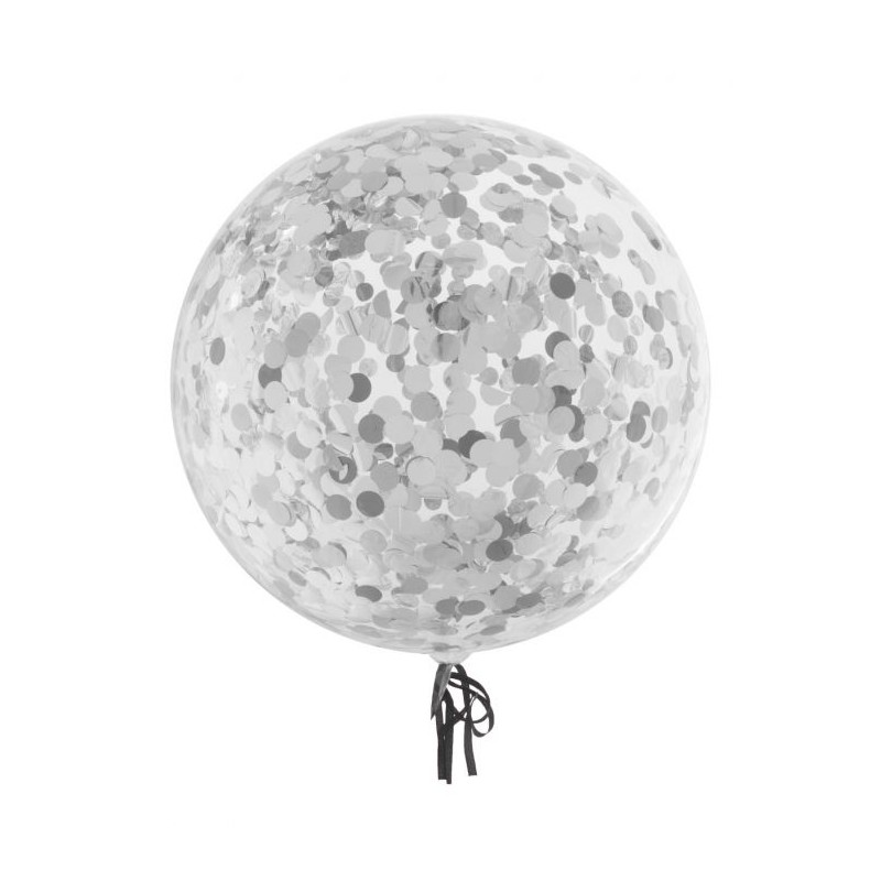 BALLON AQUA TRANSPARENT CONFETTIS BRILLANTS ARGENT 18"