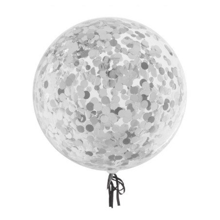 BALLON AQUA TRANSPARENT CONFETTIS BRILLANTS ARGENT 18"