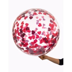 BALLON AQUA TRANSPARENT CONFETTIS BRILLANTS COEURS ROUGES 18"