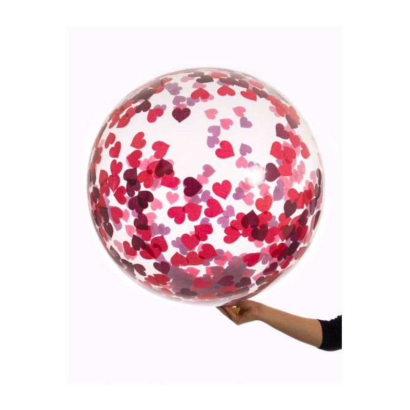 BALLON AQUA TRANSPARENT CONFETTIS BRILLANTS COEURS ROUGES 18"