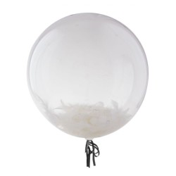 BALLON AQUA TRANSPARENT PLUMES BLANCHES 18"