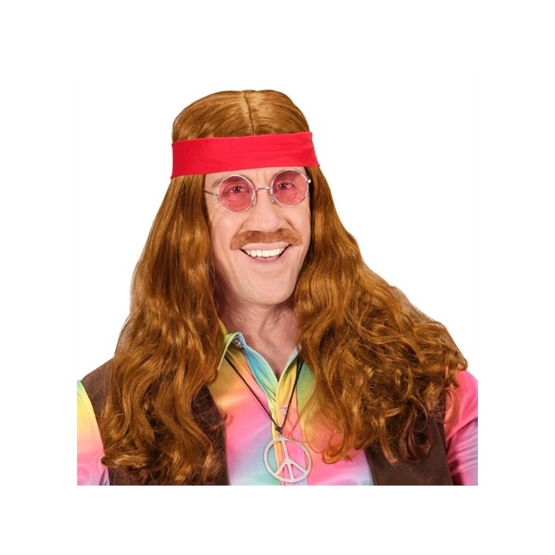 PERRUQUE HIPPIE CHATAIN AVEC BANDEAU ROUGE