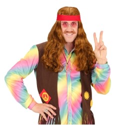 PERRUQUE HIPPIE CHATAIN AVEC BANDEAU ROUGE