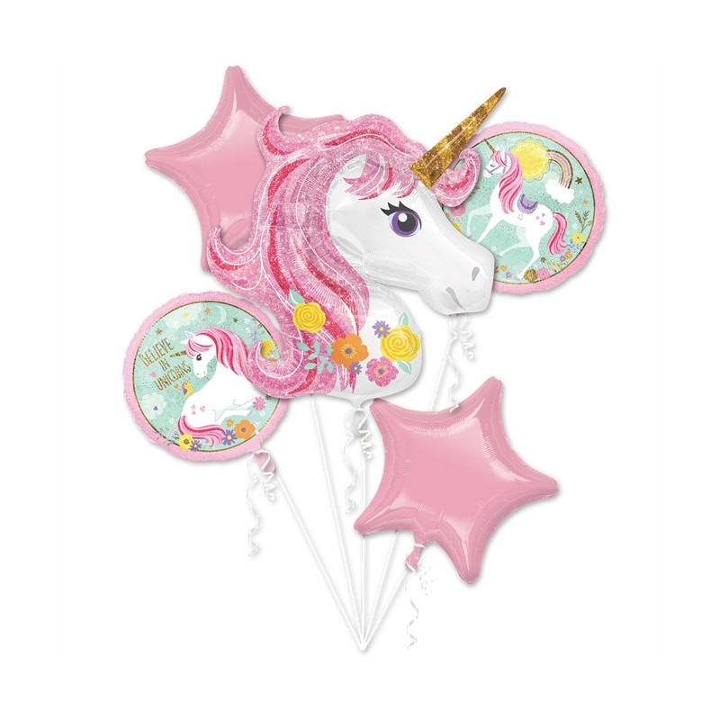 BOUQUET DE 5 BALLONS METALLIQUES LICORNE