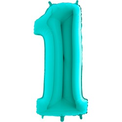 BALLON METALLIQUE CHIFFRE 1 BLEU AQUA MENTHE 100 CM