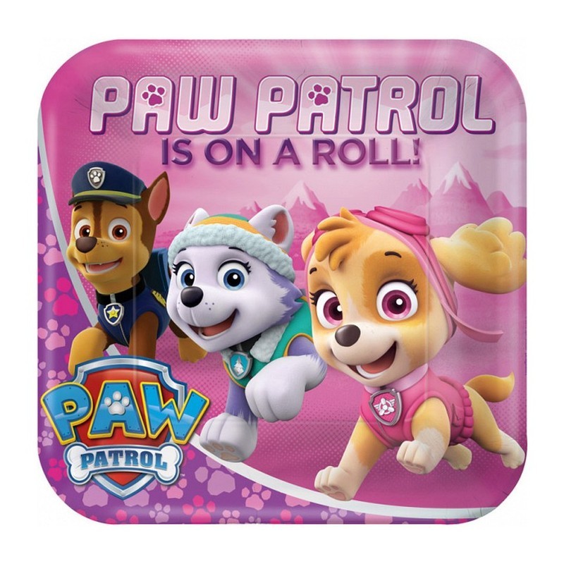 8 ASSIETTES CARREES PAW PATROL ROSE 23 CM