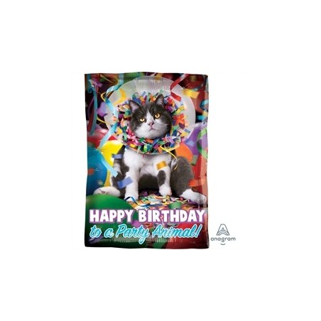 BALLON METALLIQUE CARRE CHAT HAPPY BIRTHDAY TO A PARTY ANIMAL 30 X 43 CM