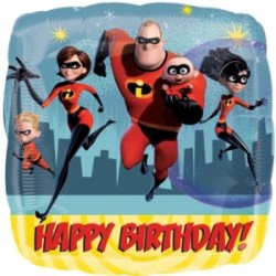 BALLON METALLIQUE CARRE INCREDIBLES 2  HAPPY BIRTHDAY 43 CM