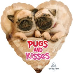 BALLON METALLIQUE CHIENS DANS COEUR PUGS AND KISSES 43 CM