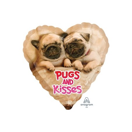 BALLON METALLIQUE CHIENS DANS COEUR PUGS AND KISSES 43 CM