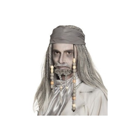PERRUQUE PIRATE GRISE AVEC BANDANA GRIS ET PERLE 