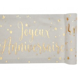 CHEMIN DE TABLE JOYEUX ANNIVERSAIRE BLANC ET OR 3 METRES