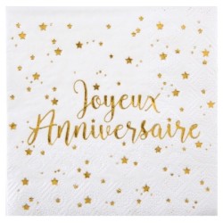 SERVIETTES BLANCHES JOYEUX ANNIVERSAIRE OR 25 x 25 CM