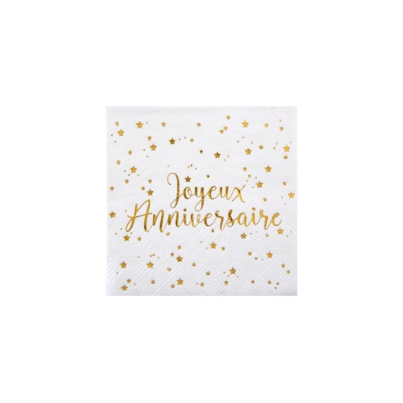 SERVIETTES BLANCHES JOYEUX ANNIVERSAIRE OR 25 x 25 CM