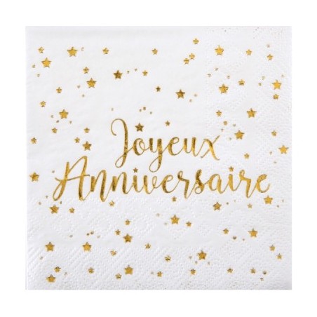 SERVIETTES BLANCHES JOYEUX ANNIVERSAIRE OR 25 x 25 CM