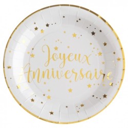 10 ASSIETTES RONDES 23 CM BLANC JOYEUX ANNIVERSAIRE OR