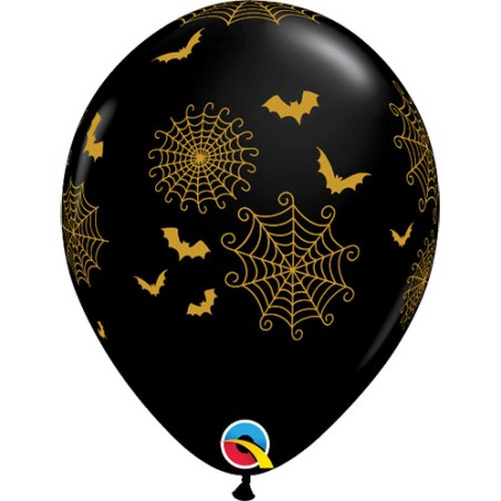 25 BALLONS LATEX NOIRS TOILES ARAIGNEES + CHAUVES SOURIS