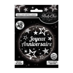 BALLON METALLIQUE JOYEUX ANNIVERSAIRE NOIR ET ARGENT