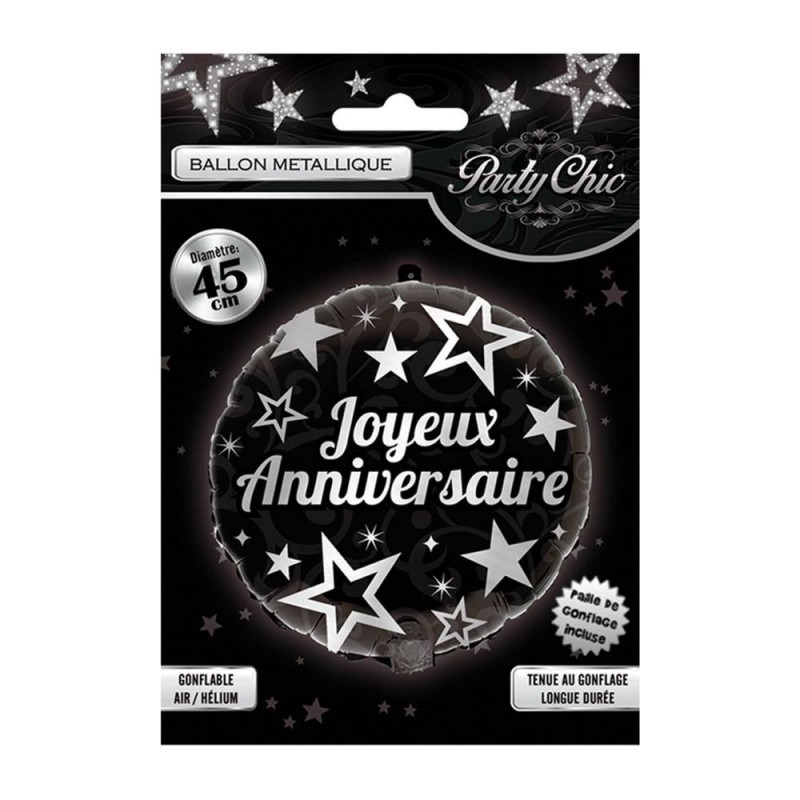 BALLON METALLIQUE JOYEUX ANNIVERSAIRE NOIR ET ARGENT