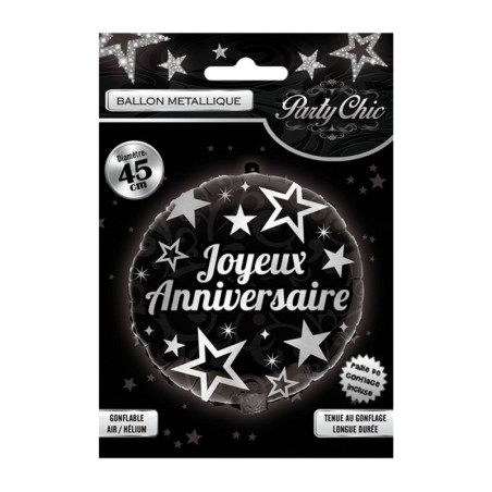 BALLON METALLIQUE JOYEUX ANNIVERSAIRE NOIR ET ARGENT