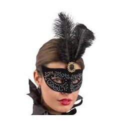 DEMI-MASQUE LOUP NOIR AVEC PAILLETTE ARGENT ET PLUMES NOIR