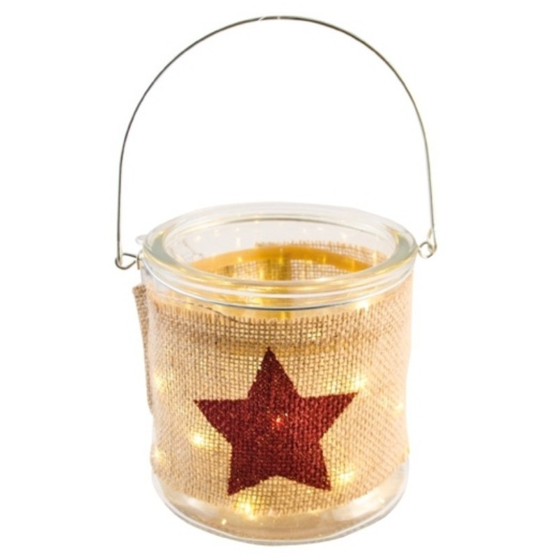 PHOTOPHORE VERRE JUTE ETOILE ROUGE LED  PHOTOPHORE VERRE JUTE ETOILE ROUGE LED