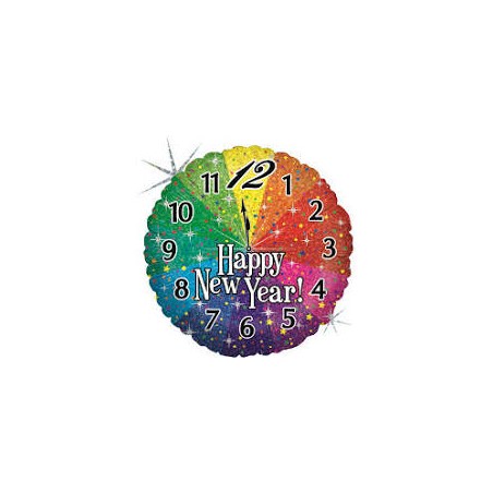 BALLON METALLIQUE HAPPY NEW YEAR HORLOGE 46CM HOLOGRAPHIC