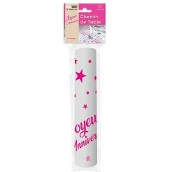 CHEMIN DE TABLE ORGANZA JOYEUX ANNIVERSAIRE 5 METRES FUSCHIA