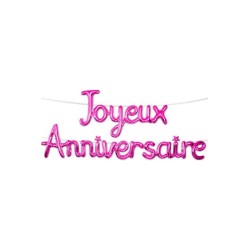 BALLON METALLIQUE JOYEUX ANNIVERSAIRE FUSCHIA 4.50M X 39 CM