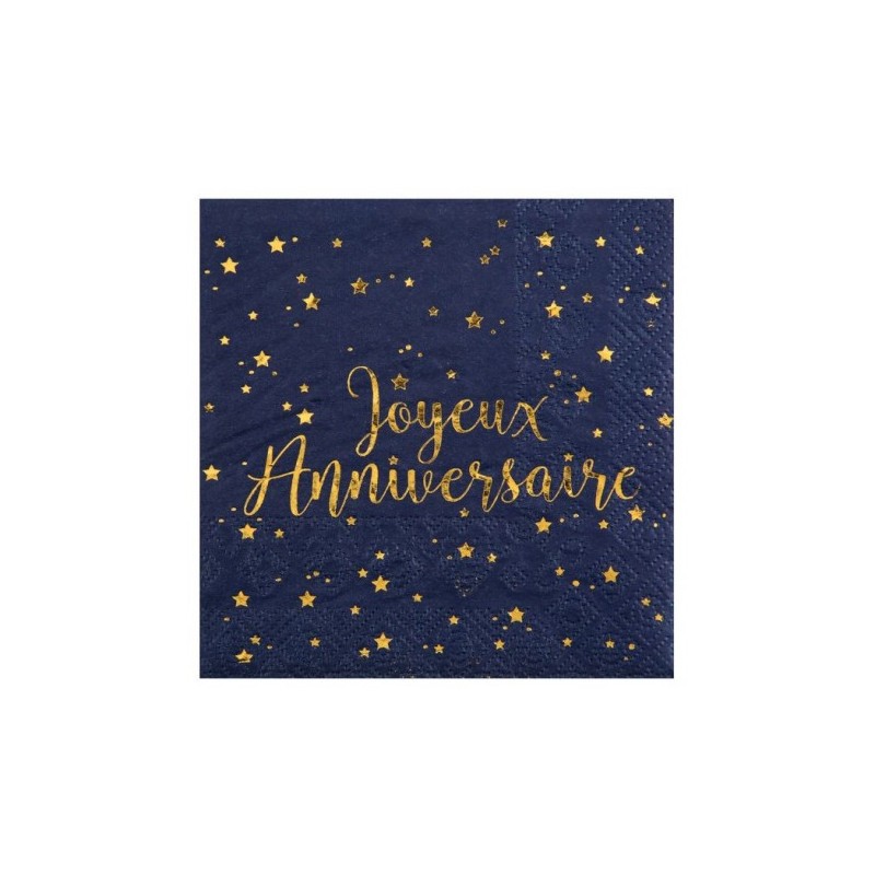 SERVIETTE BLEU NUIT JOYEUX ANNIVERSAIRE OR 25 X 25 CM 