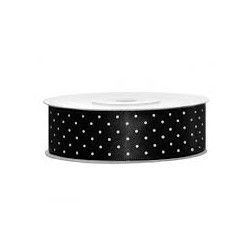 RUBAN SATIN NOIR POIS BLANC 25 M X 25 MM