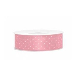 RUBAN SATIN ROSE POIS BLANC 25 M X 25 MM